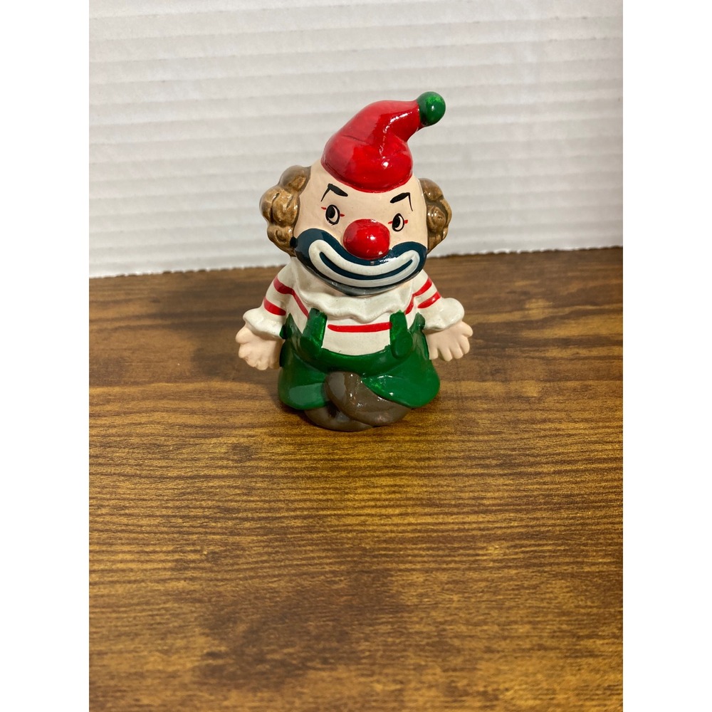 Vintage Enesco Ceramic Clown Figurine Red Hat Green Overalls Sri Lanka Kitsch